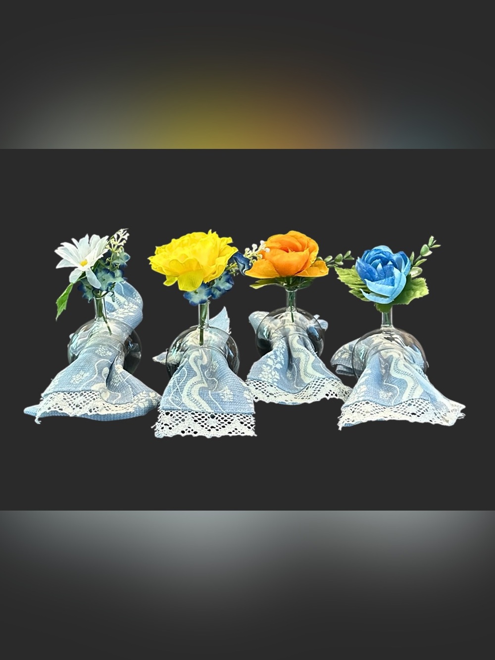 Vintage Hand Blown Glass “Pretty Set-Up” Napkin & Flower Holders Set of 4 w/ Box